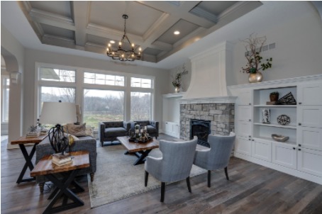 Large fireplace in a bright home